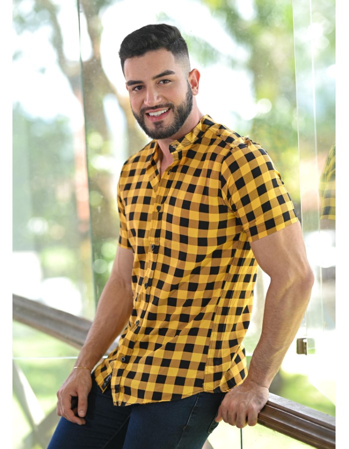Camisa Viscose Xadrez M/C Amarelo/Preto 