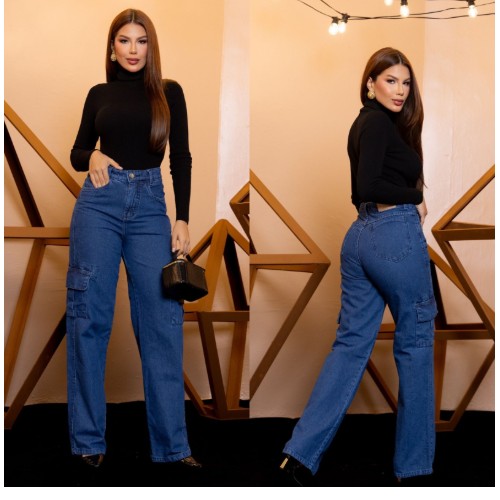 CALÇA FEM. WID LEG CARGO 100% ALGODÃO