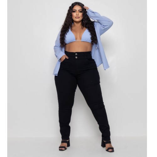 CALÇA SKINNY 2 CÓS PRETA COM LYCRA