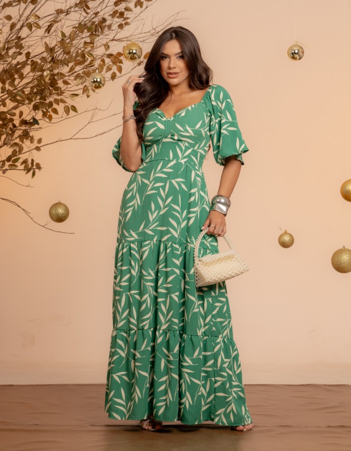 VESTIDO LONGO DETALHE NO DECOTE ( TEC. VISCOLINHO )