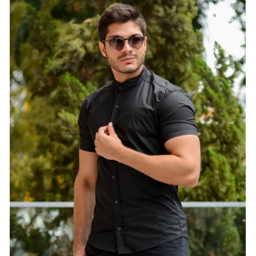 Camisa algodão gola padre com elastano