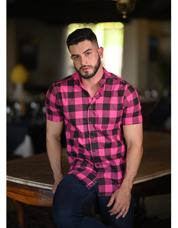 CAMISA XADREZ MANGA CURTA ROSA