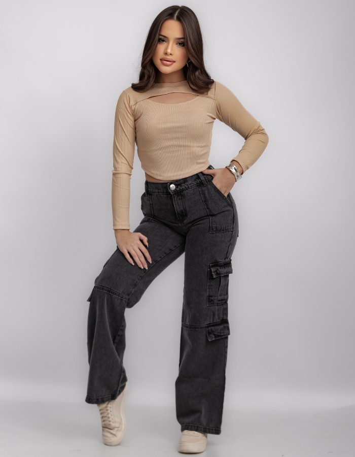 CALÇA WIDE LEG PRETO MARMORIZADO E ELÁSTICO NO CÓS(DESGRADEADO)