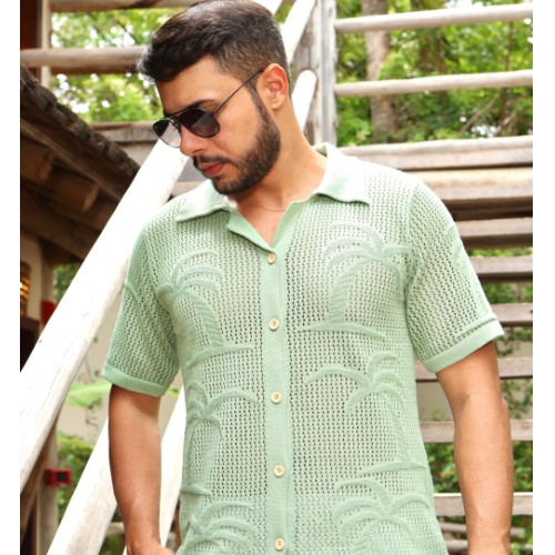 CAMISA GOLA CUBANA TRICOT BORDADA 
