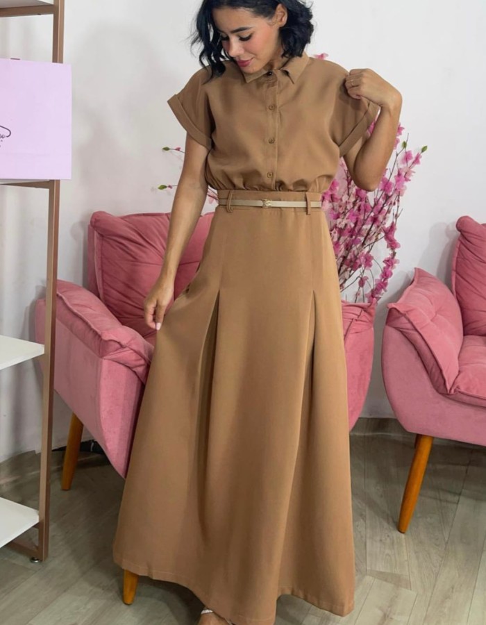 CONJUNTO BLUSA SAIA LONGA C/ CINTO TECIDO ALFAIATARIA 