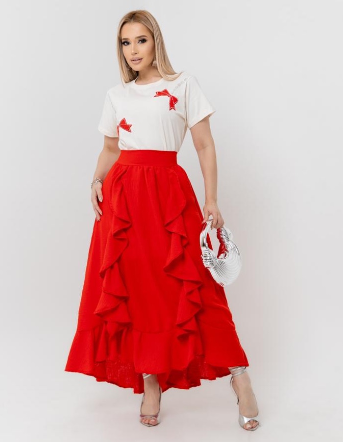 CONJUNTO TEE LACINHO E SAIA BABADOS NA FRENTE