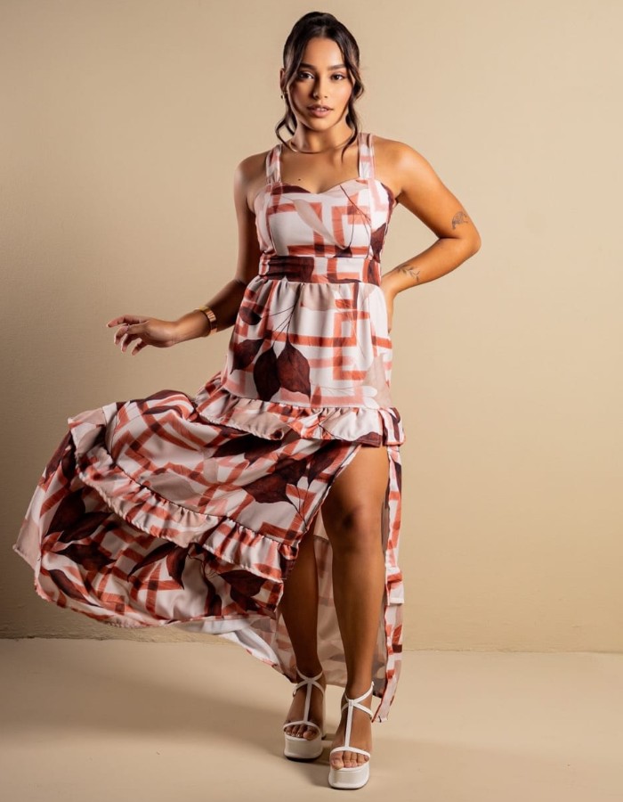 VESTIDO LONGO ALÇA BABADO EM CREPE TWILL ESTAMPAS DIGITAIS EXCLUSIVAS