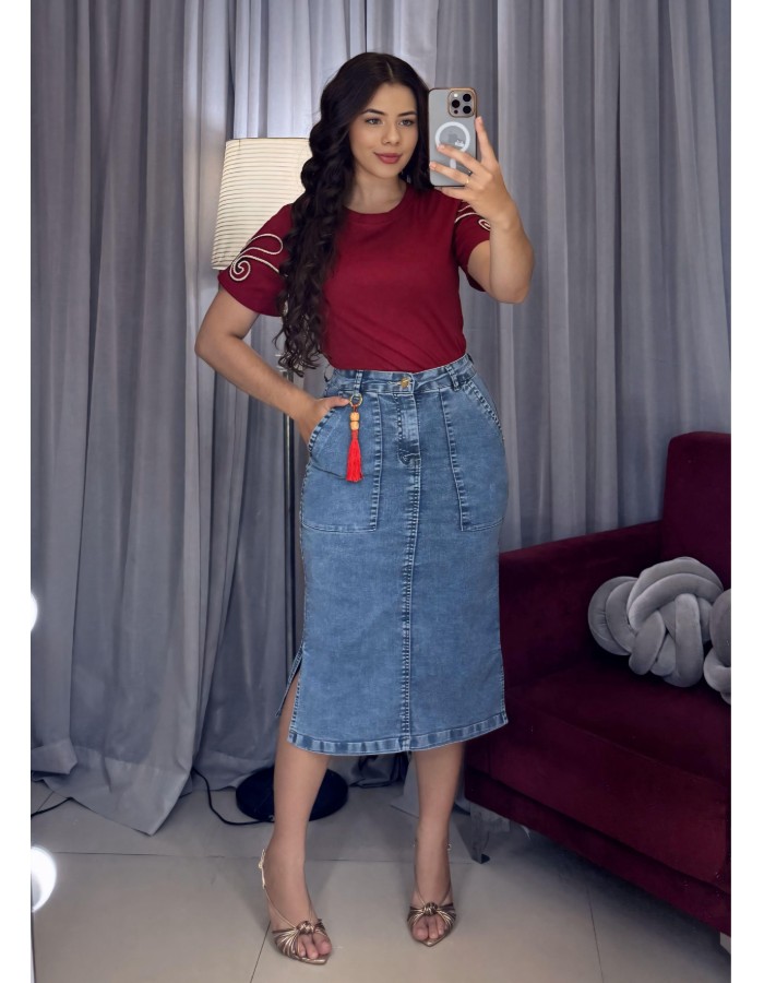 SAIA JEANS MIDI COM POMPOM