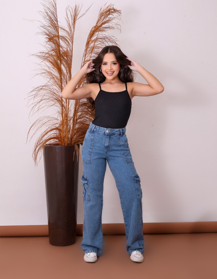 CALÇA WIDE LEG BOLSO CARGO JEANS (DESGRADEADA)
