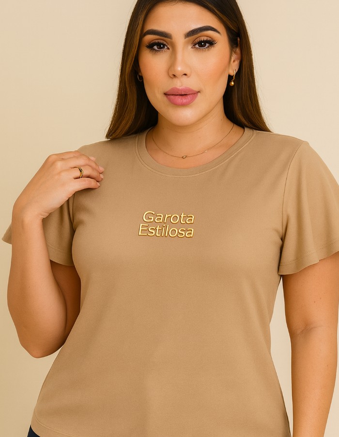 BLUSA PLUS SIZE MANGA GODÊ COM APLIQUE SUEDE