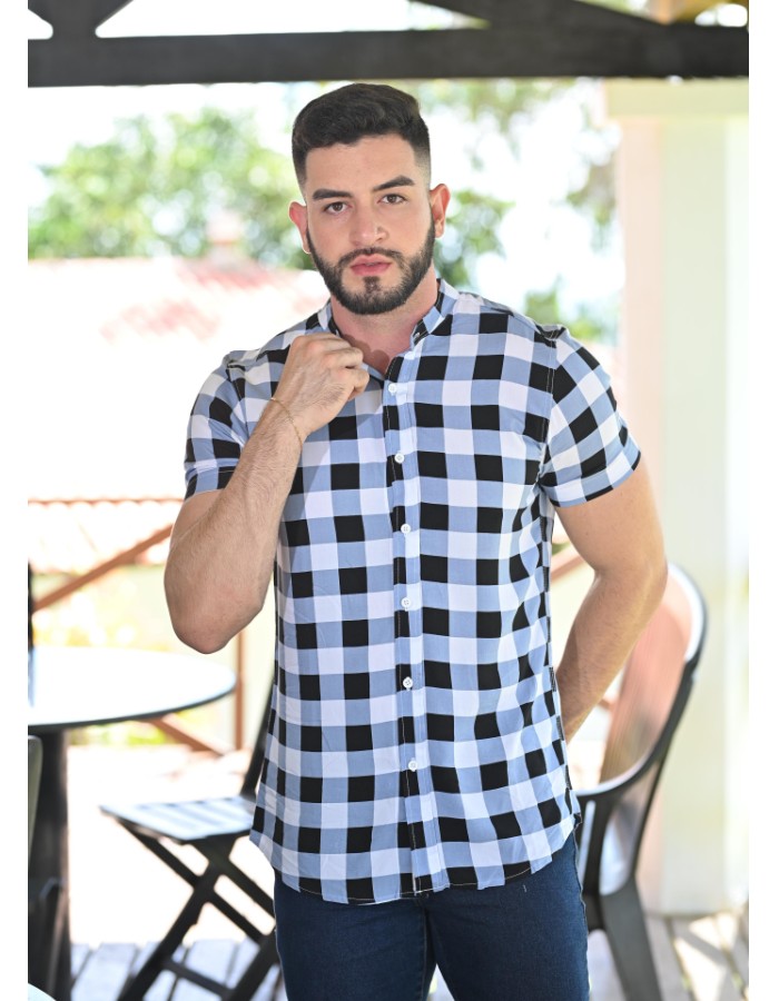 Camisa Viscose Xadrez M/C Azul Claro/ Branco