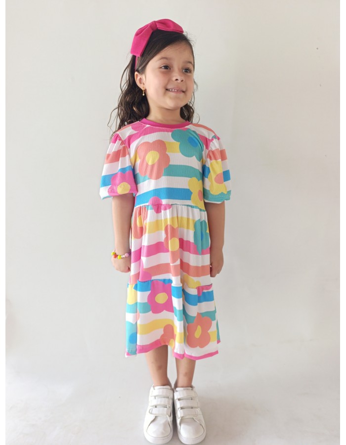 Vestido Maria flor malha canelada algodão 