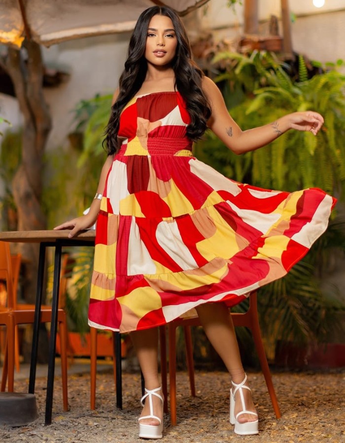 VESTIDO MIDI 3 BABADOS ALÇA EM VISCOLINHO