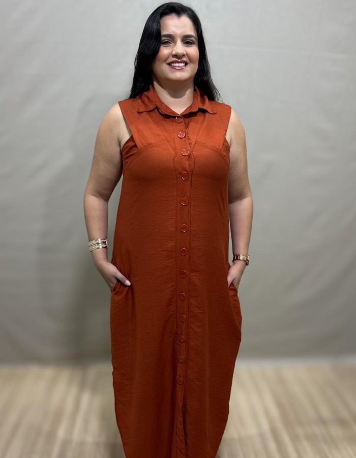 VESTIDO LONGO REGATA BOLSO BOTÕES EM VISCOSE C/POLIAMIDA