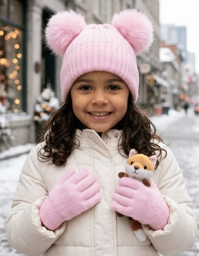  TRIO INVERNO PERFEITO Par de Luvas + Touca com Pompom