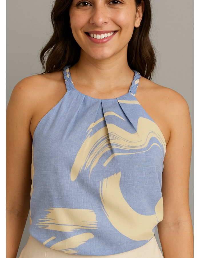 REGATA TECIDO CREPE SEDA ESTAMPADO C/DETALHE TRANÇADO