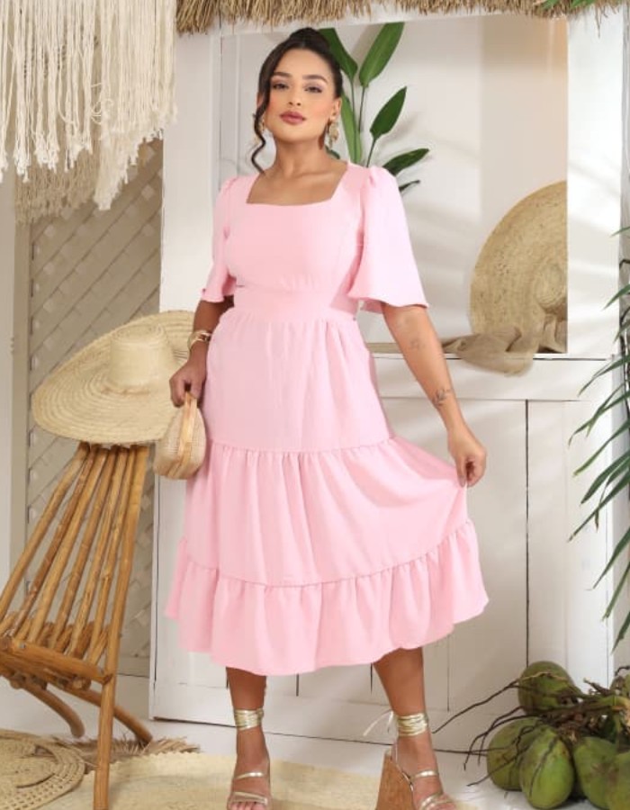 VESTIDO MIDI MANGA EM CREPE DUNA