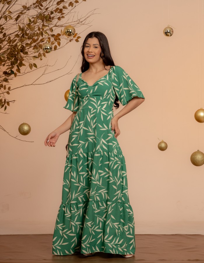 VESTIDO LONGO DETALHE NO DECOTE ( TEC. VISCOLINHO )