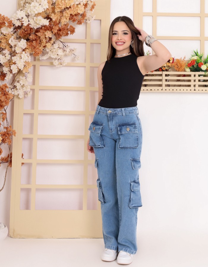 CALÇA WIDE LEG BOLSO CARGO FOFO FRONTAL E BOLSO DE ABA 