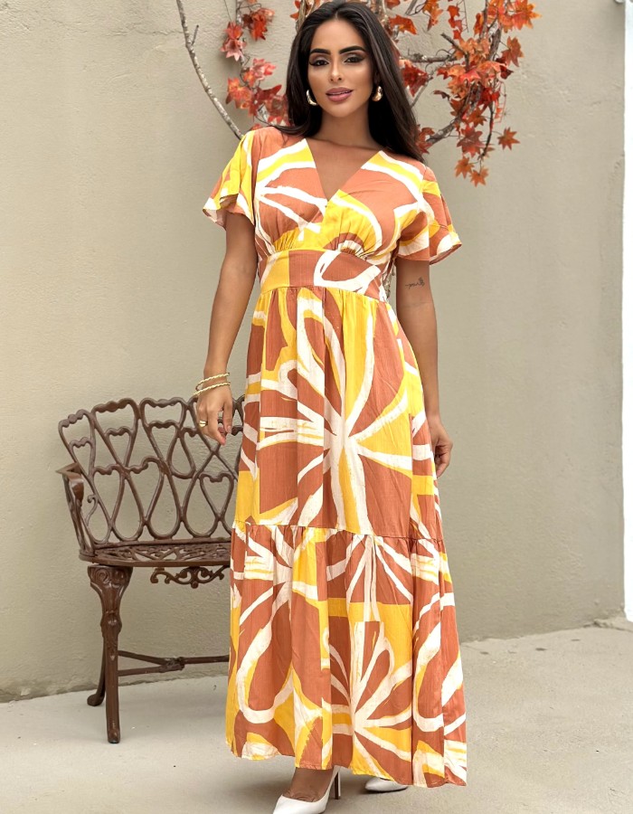 VESTIDO LONGO MANGA FLARE EM VISCOLINHO