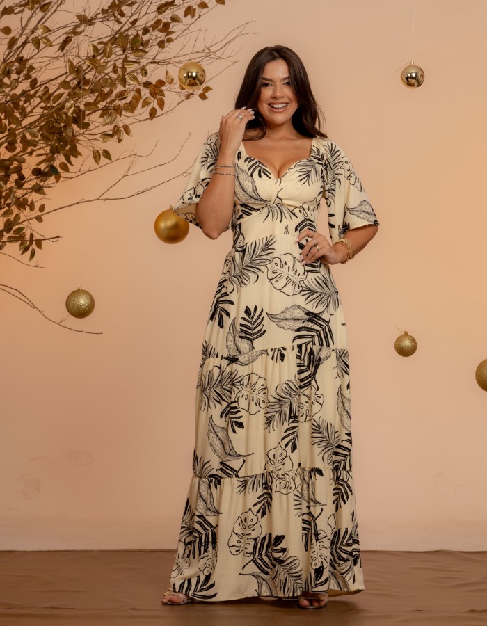 VESTIDO LONGO DETALHE NO DECOTE ( TEC. VISCOLINHO )