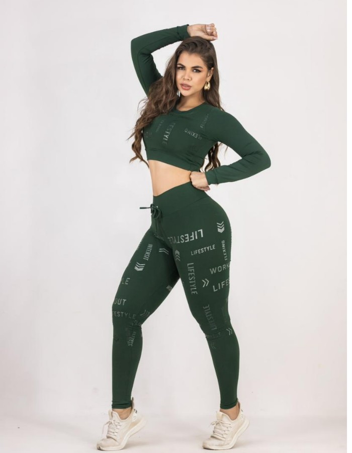 CONJUNTO CALÇA INTEIRA CROPPED MANGA LONGA PLASTISOL