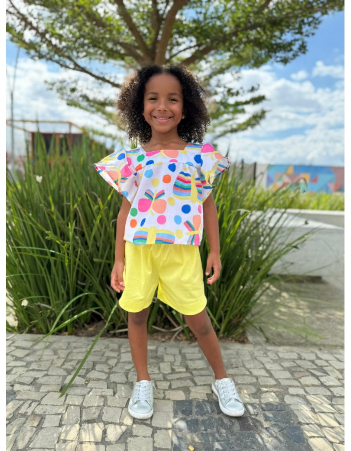 Conjunto Maya borboleta blusa 100% algodão short algodão com elastano 