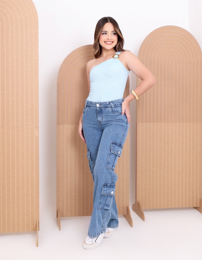 CALÇA WIDE LEG 4 BOLSOS CARGOS COM BOTÃO(AVULSA)