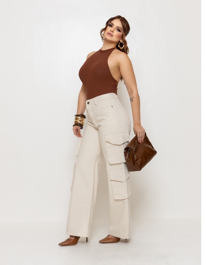 CALÇA WID LEG CARGO 100% ALG.