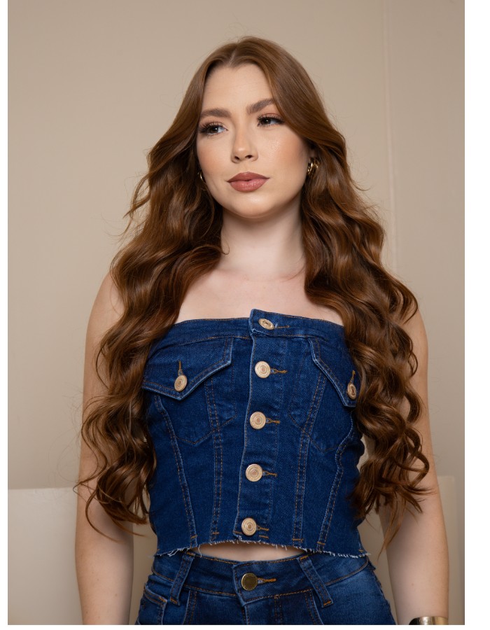 Cropped com botões, jeans escuro