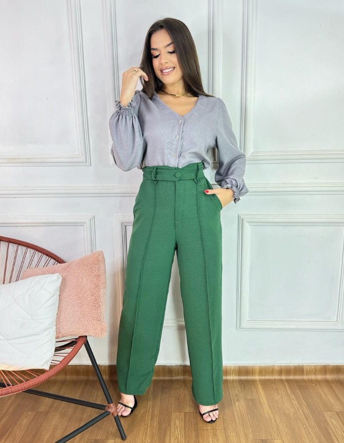 CALÇA CINTURA ALTA BOTÃO EM CREPE DUNA