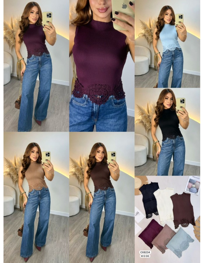 BLUSA TRICO MODAL C/ DETALHE EM CROCHE