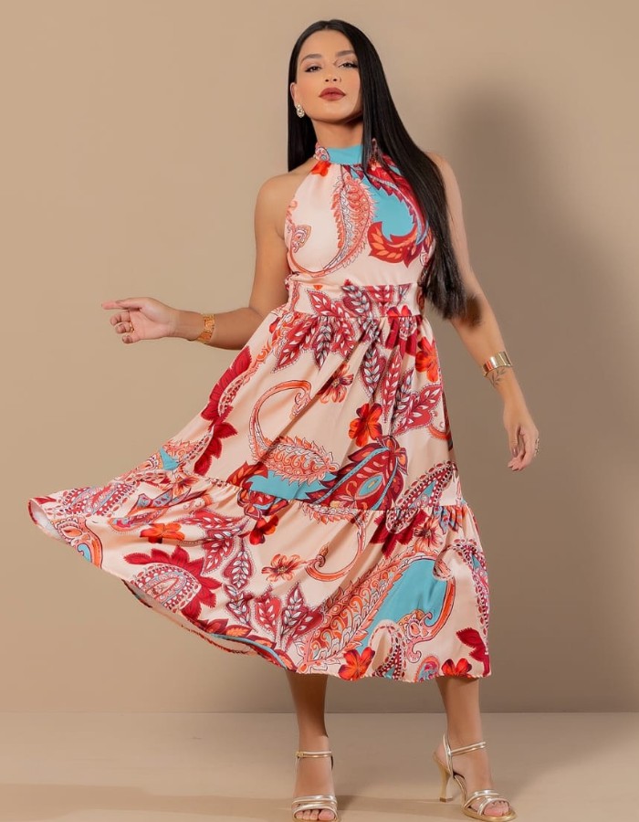VESTIDO MIDI GOLA ALTA 2 BOTÕES EM CREPE TWILL ESTAMPAS DIGITAIS EXCLUSIVAS