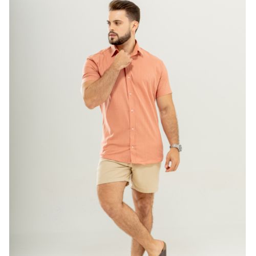 Camisa manga curta linho gola tradicional