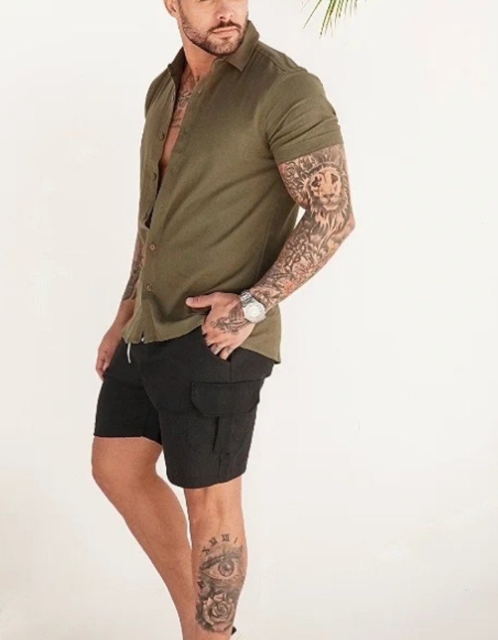 Camisa linho manga curta _ gola tradicional 