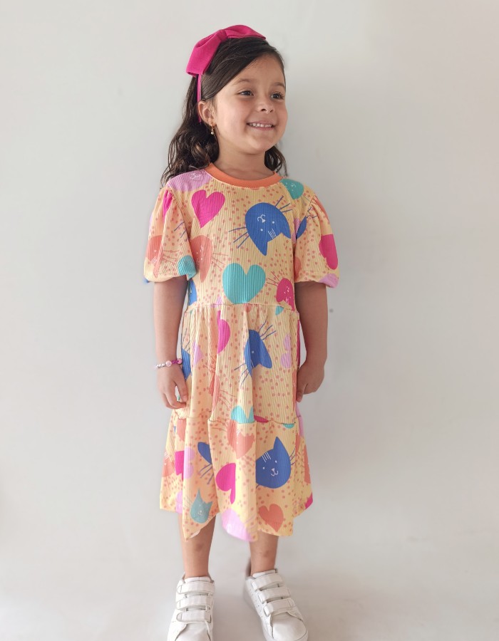 Vestido Maria gatos malha canelada algodão 