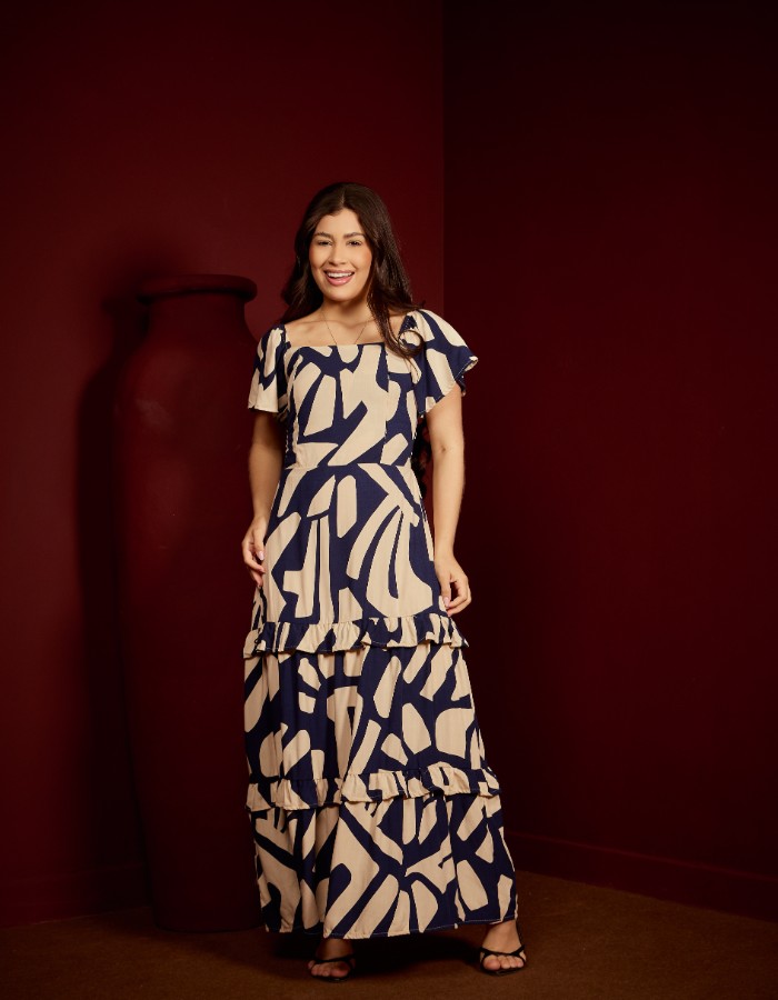 VESTIDO LONGO LASTEX NAS COSTAS COM MANGA