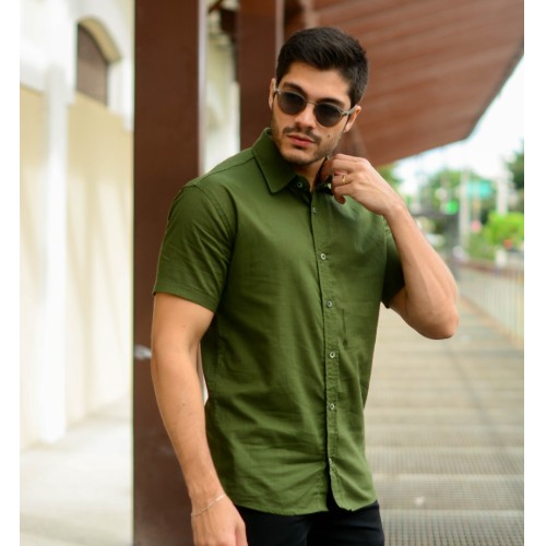Camisa manga curta linho gola tradicional 