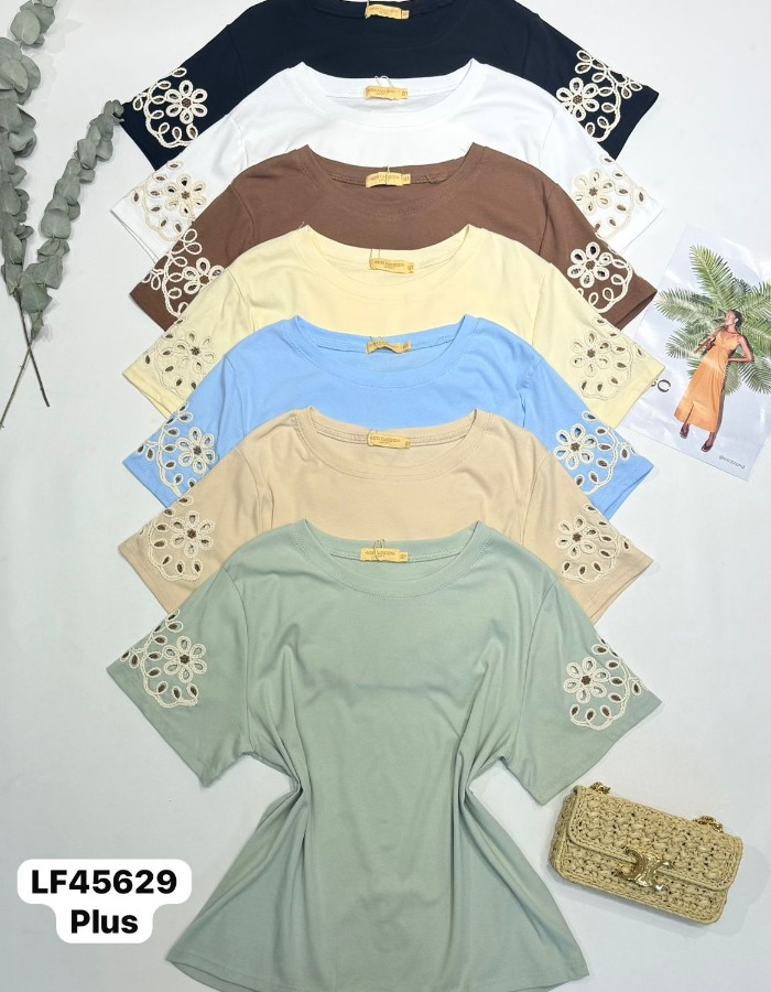 T-SHIRT PLUS SIZE ALGODAO C/ ELASTANO BORDADA NA MANGA