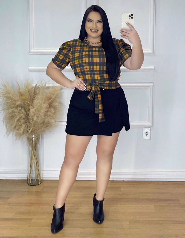 blusa manga flare do no xadrez