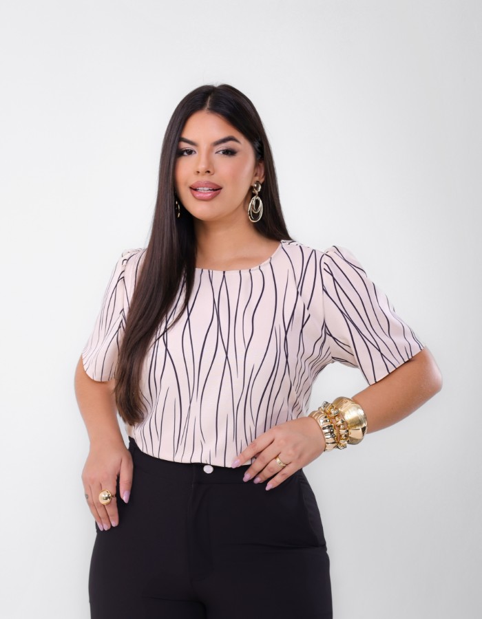 Blusa Social Nara Manga Curta Estampada