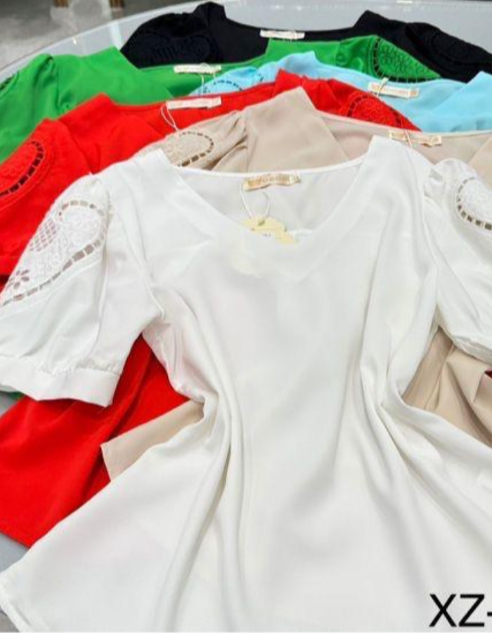 BLUSA TECIDO CREPE SEDA COM BORDADO NA MANGA