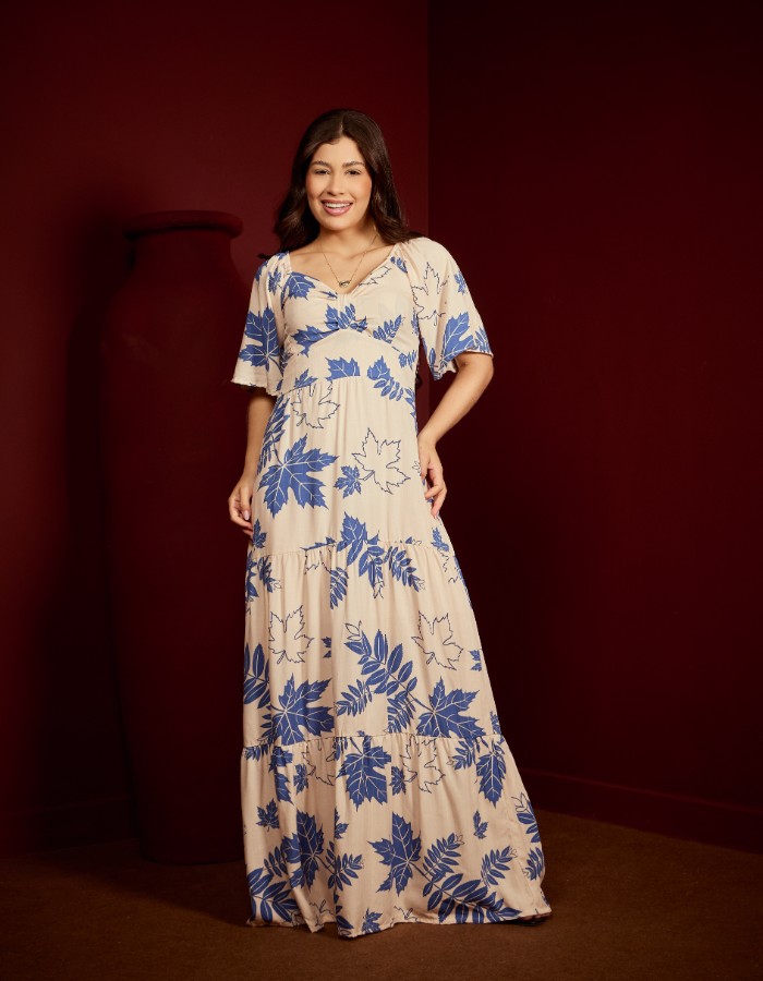 VESTIDO LONGO DETALHE NO DECOTE ( TEC. VISCOLINHO )