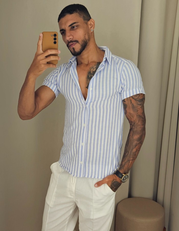 Camisa linho summer manga curta listrada _ gola tradicional 