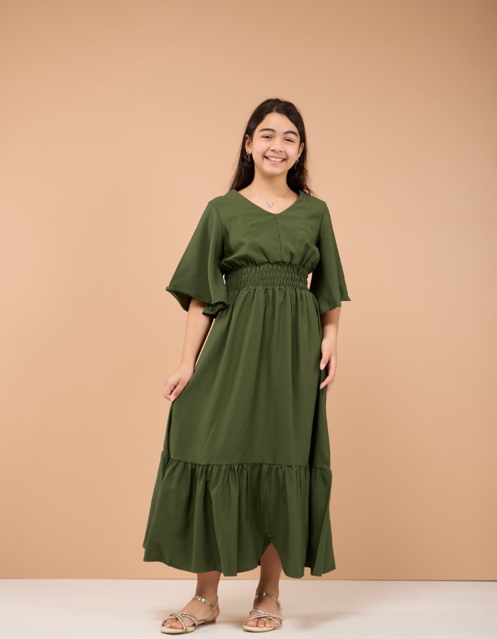 VESTIDO MIDI FENDA NO BABADO( TEC. MARRANT )