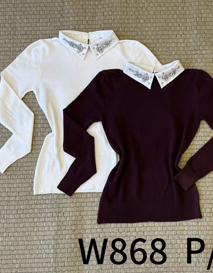 blusa gola bordada pedras manga longa
