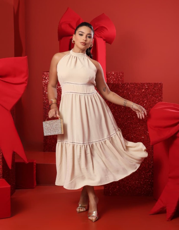 VESTIDO MIDI BOTÃO COSTA EM CREPE DUNA