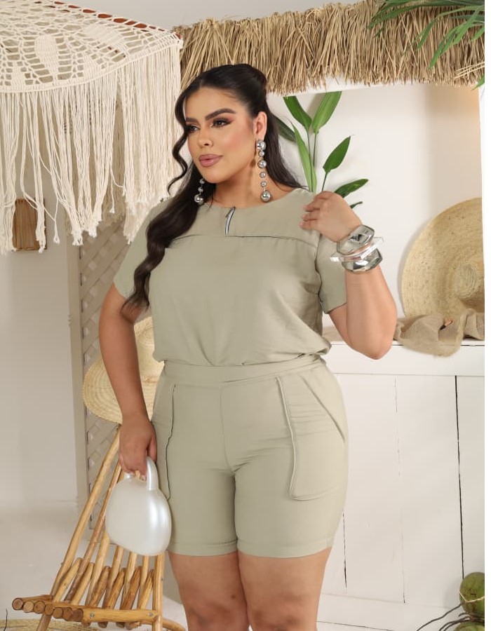 CONJUNTO BLUSA ZÍPER E SHORT EM CREPE MARRANT SLUB