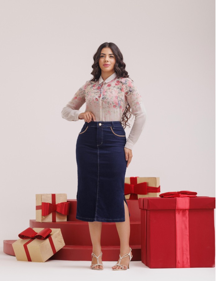 SAIA JEANS MIDI COM STRASS