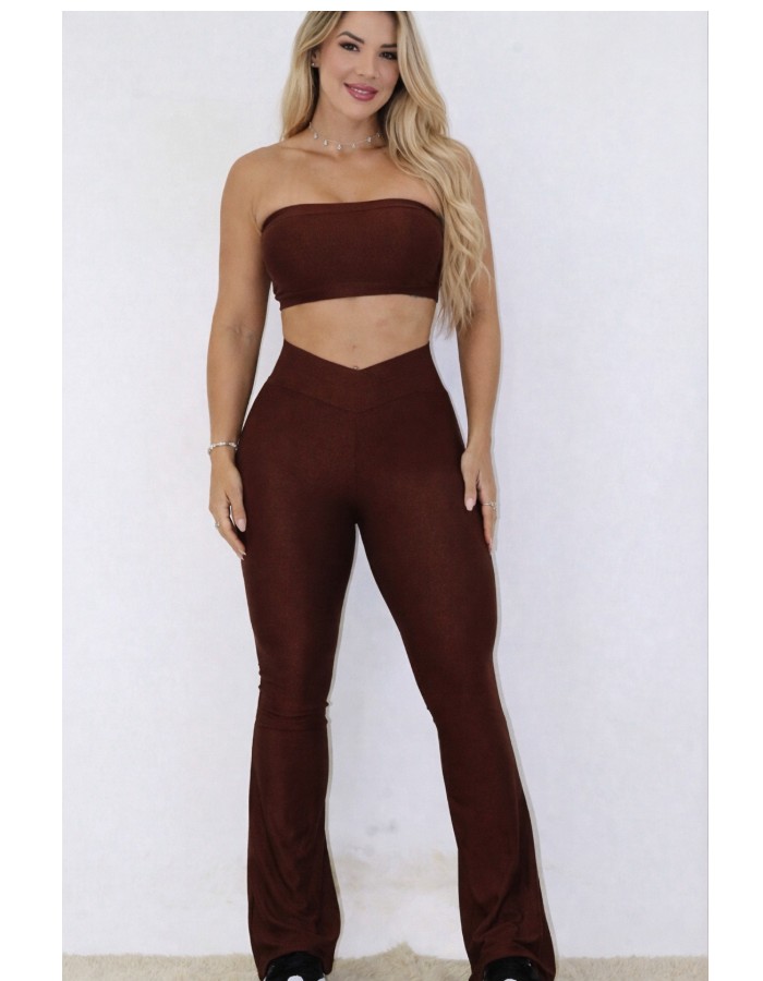 Conjunto de calça flare canelado top faixa ( solicitar cores )